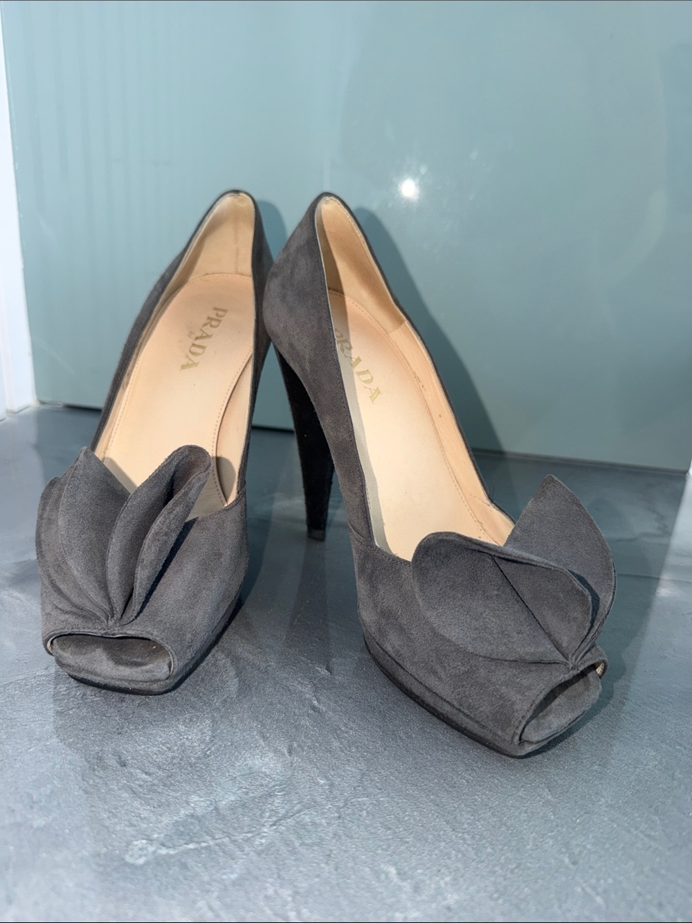 Prada Gray Suede Peep-Toe Heels with Sculpted Bow